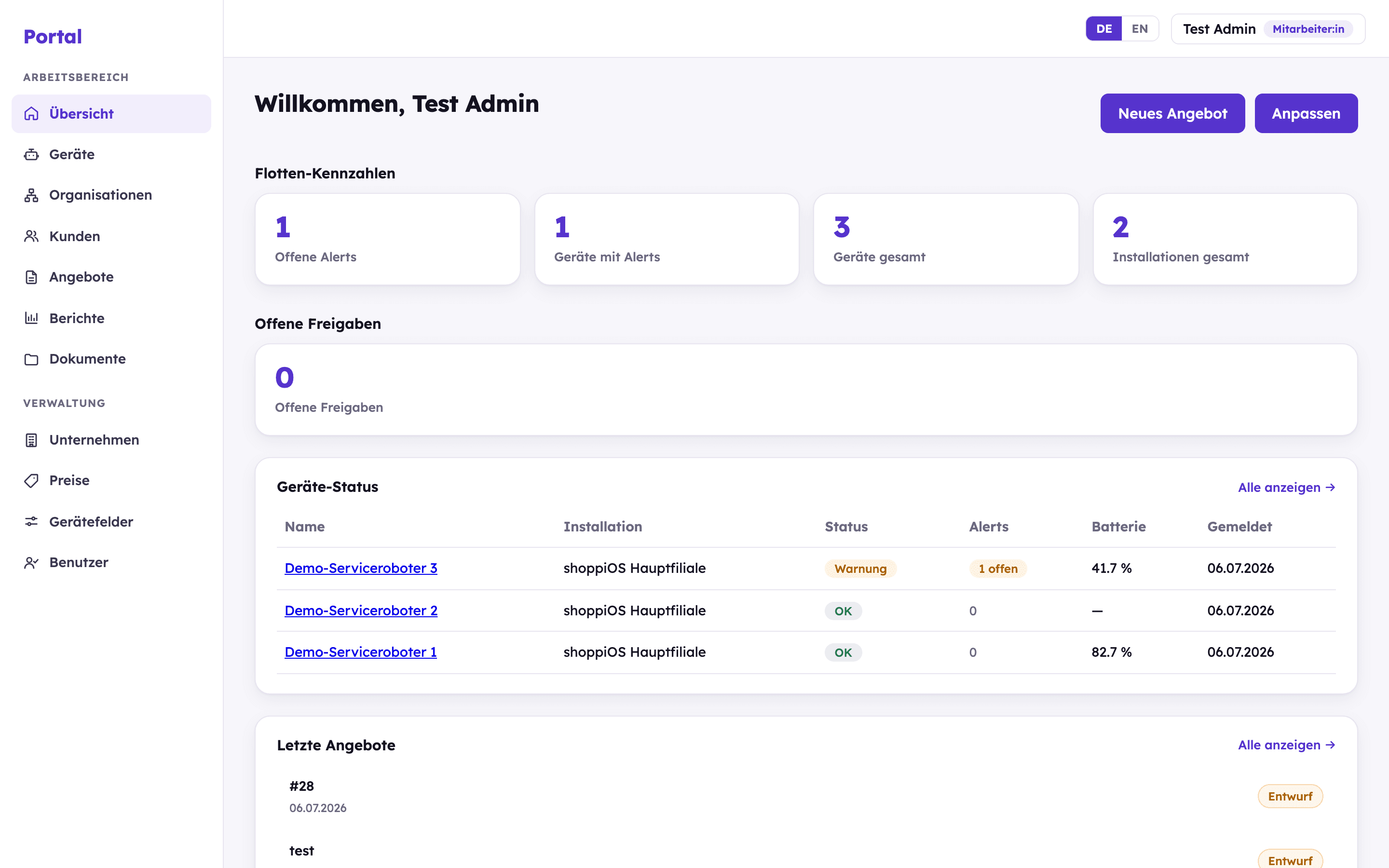 PartnerHub-Portal: Flotten-Dashboard mit Kennzahlen und Geräte-Status