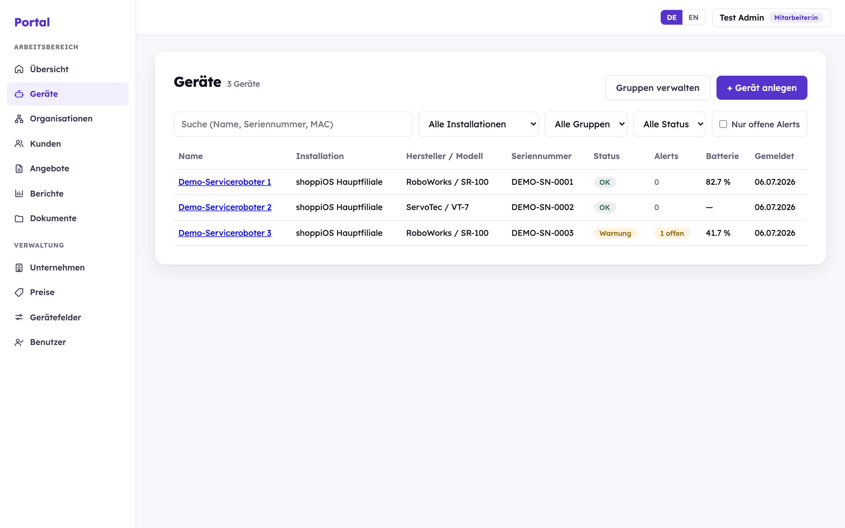 PartnerHub-Portal: Geräteliste mit Live-Status, Batterie und Alerts