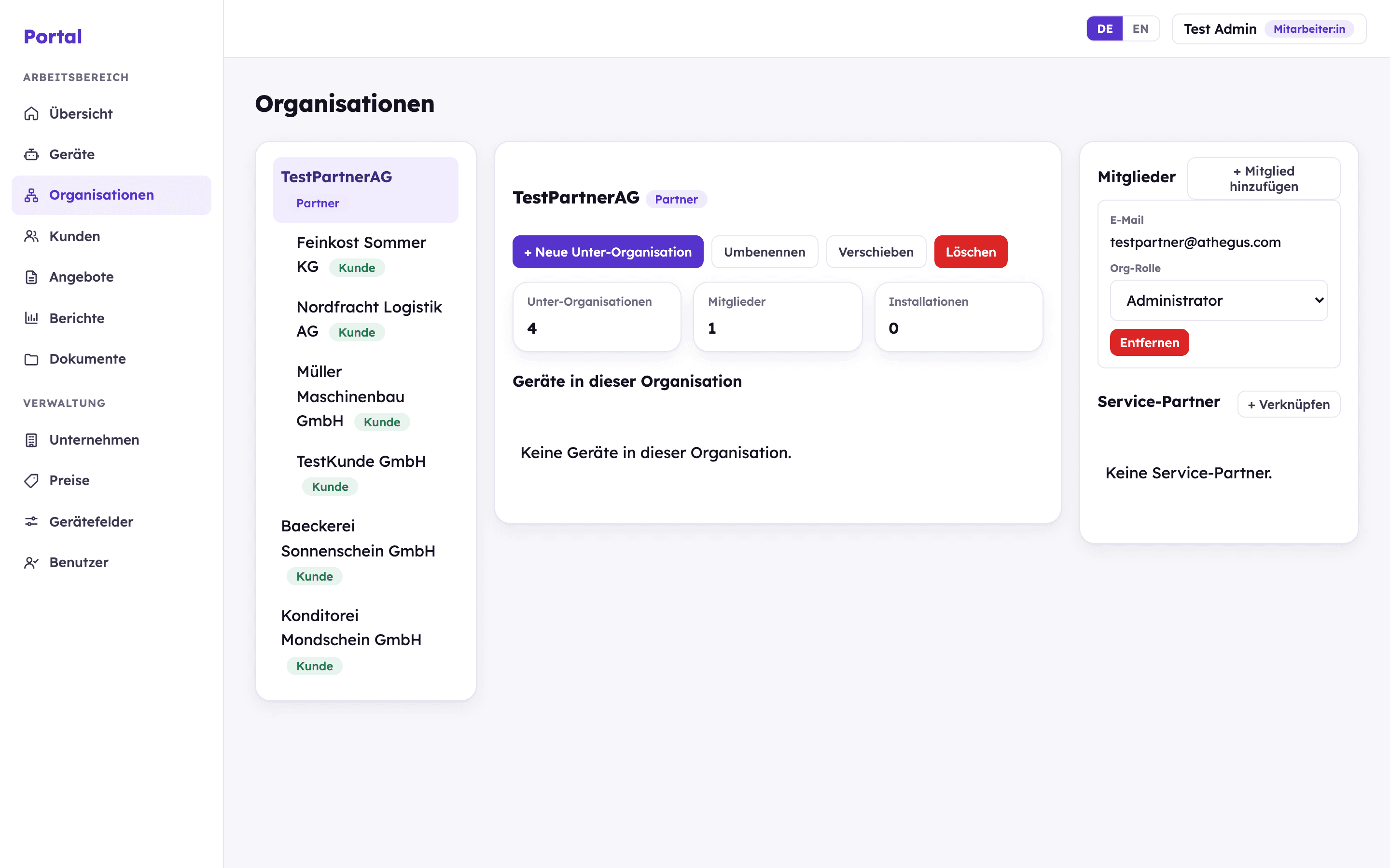 PartnerHub-Portal: Organisationsbaum mit Partner- und Kundenorganisationen