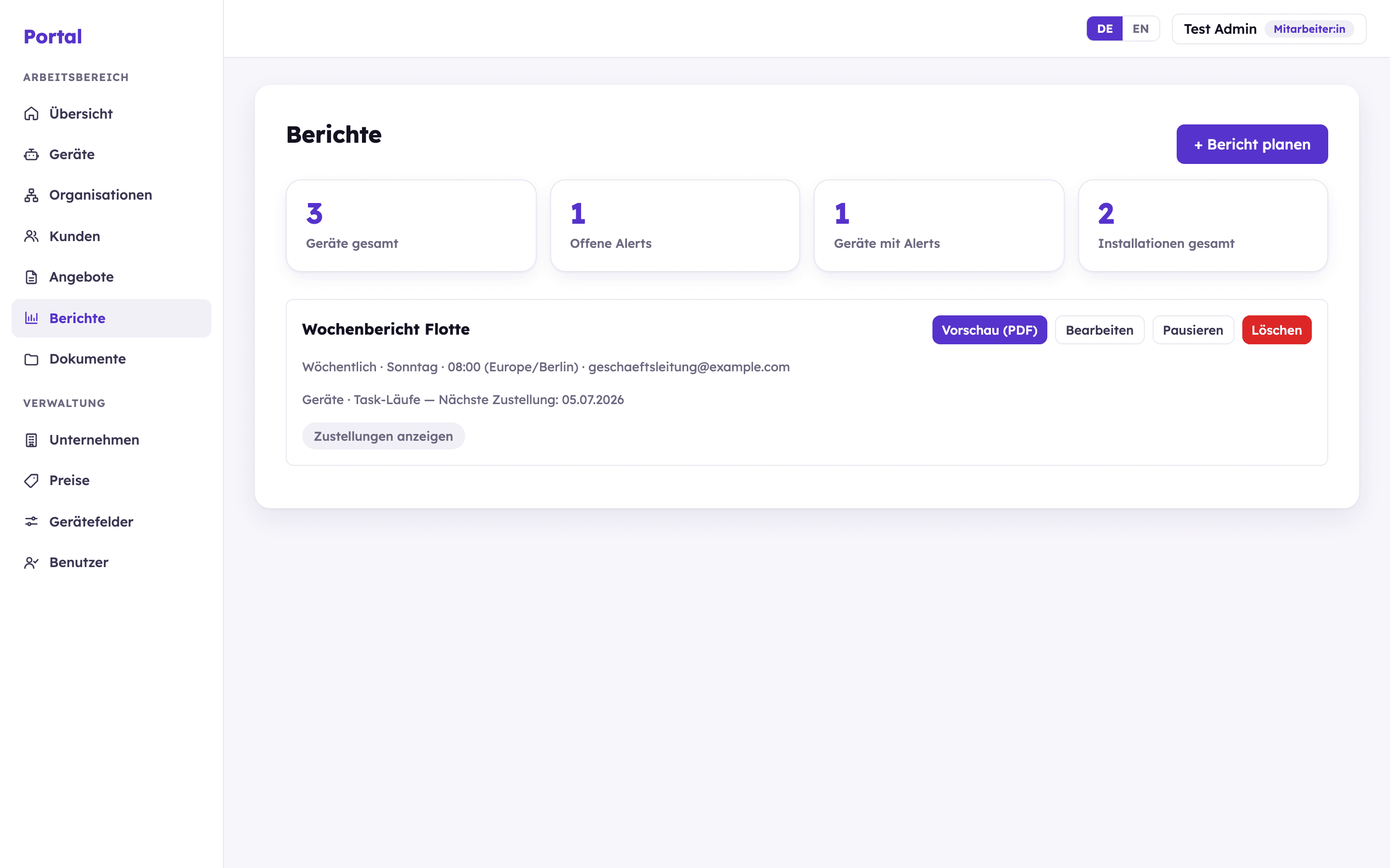PartnerHub-Portal: geplante Berichte mit Zeitplan und PDF-Vorschau